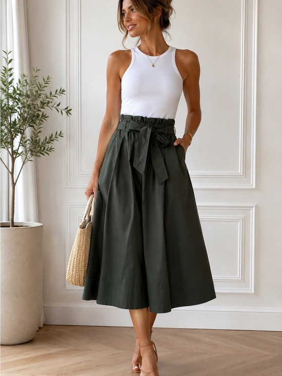 H&M Dresses & Skirts - H&M Olive Green Paperbag Midi A-Line Skirt